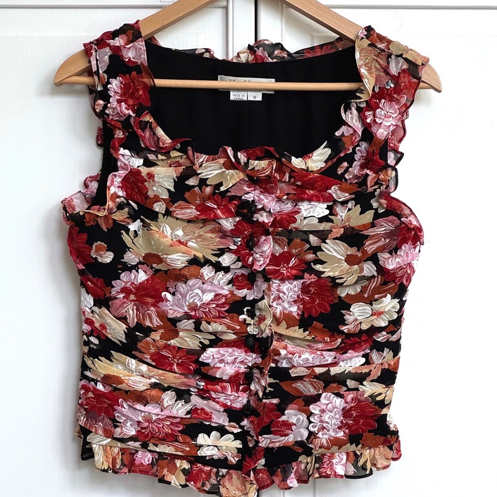 Kay Unger New York Floral Ruched Sleeveless Black Red Size 8 Dark Academia